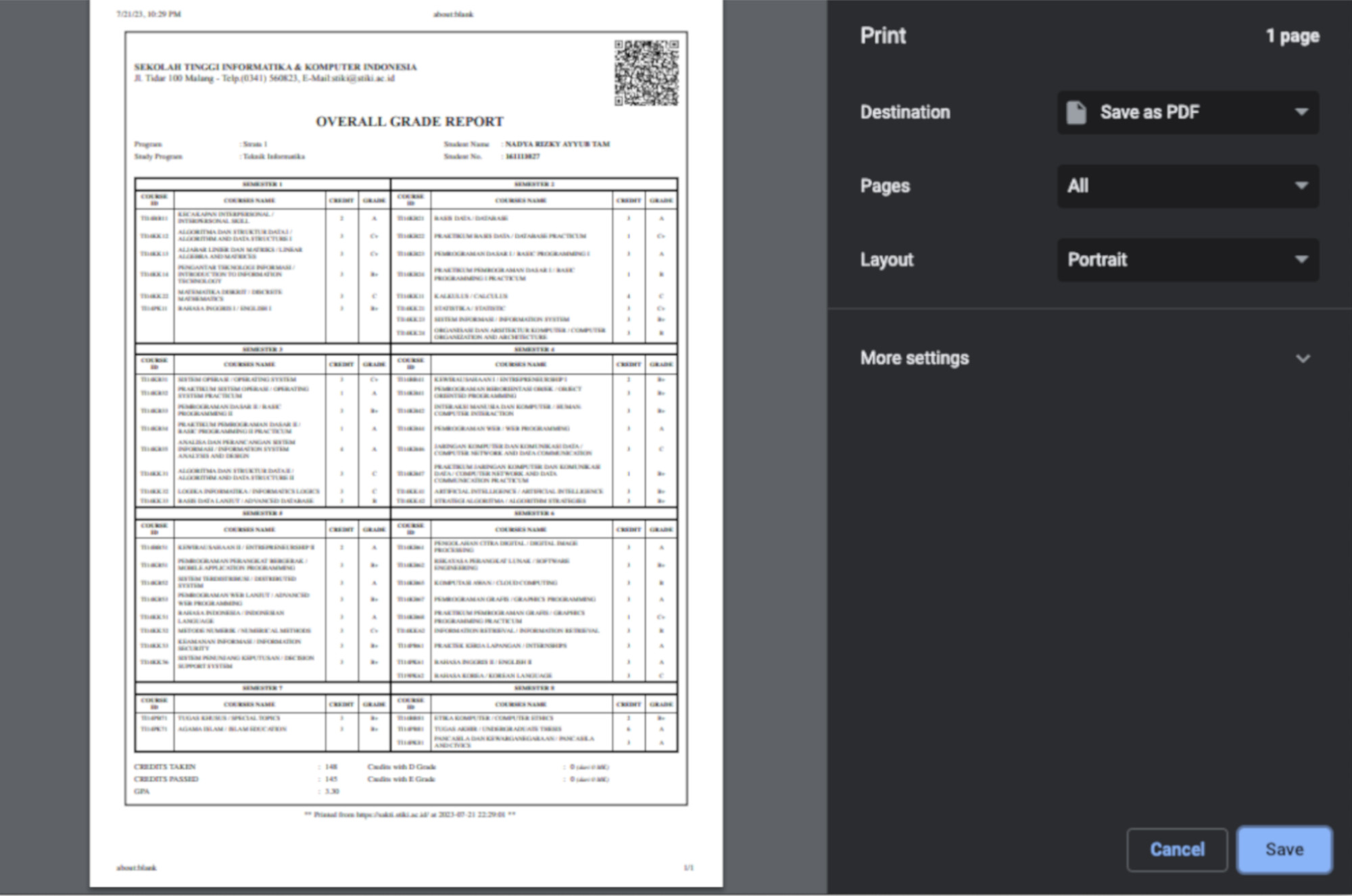 Student Academic System - student report